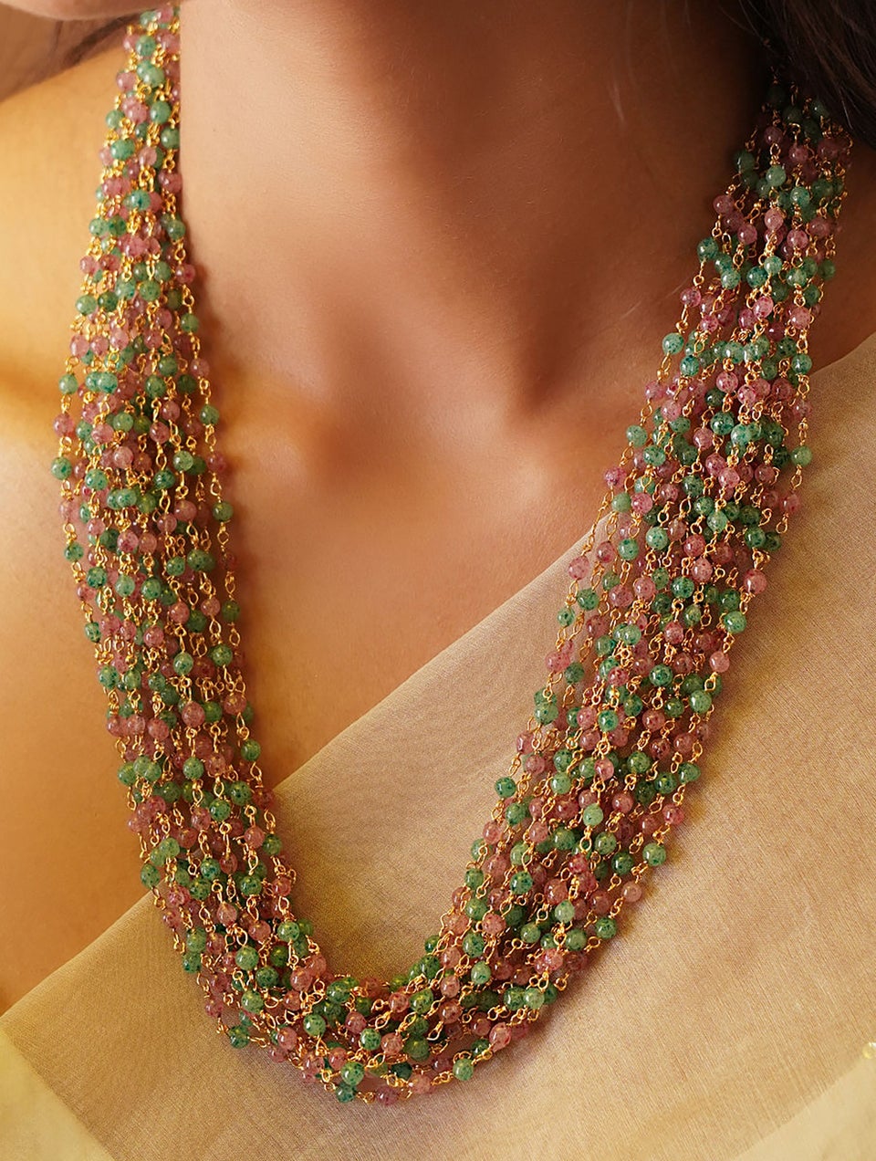 Women Pink Green Gold Tone Beaded Necklace