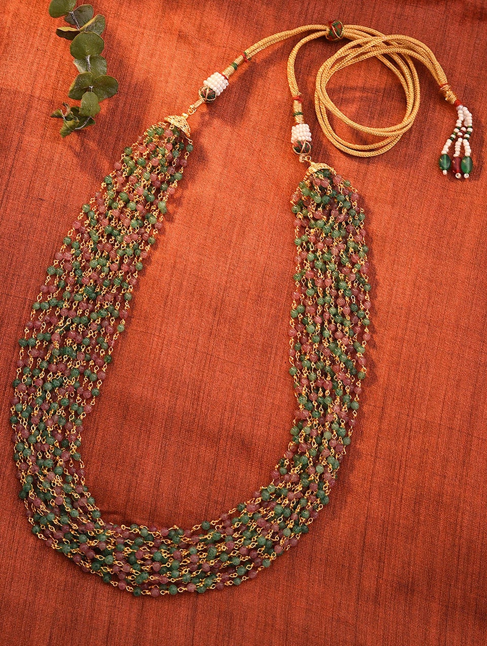 Women Pink Green Gold Tone Beaded Necklace