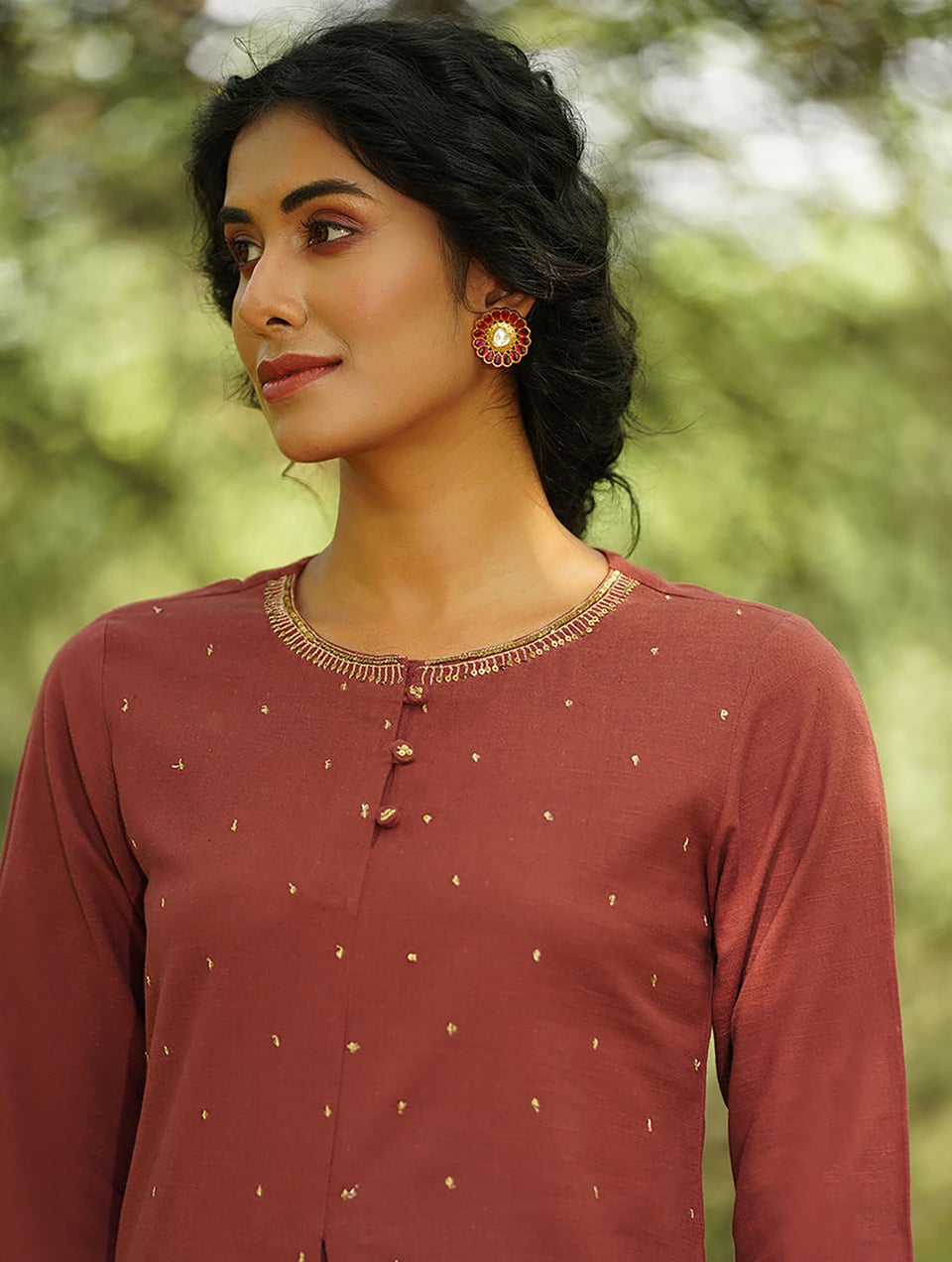 Women Maroon Red Cotton Rich Hand Embroidery Round Neck Regular Fit Kurta - XS