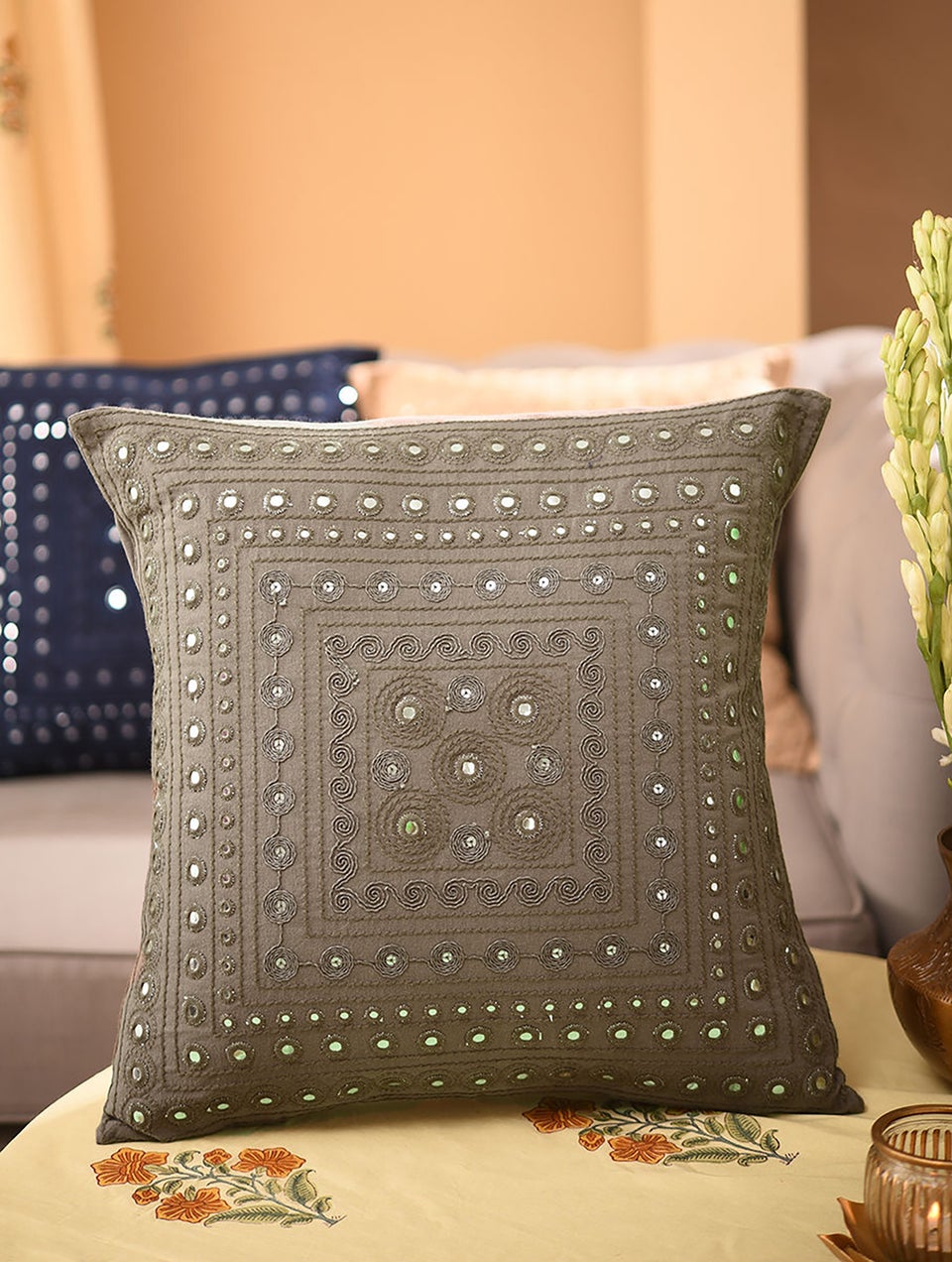 Grey Embroidered Cotton Cushion Cover