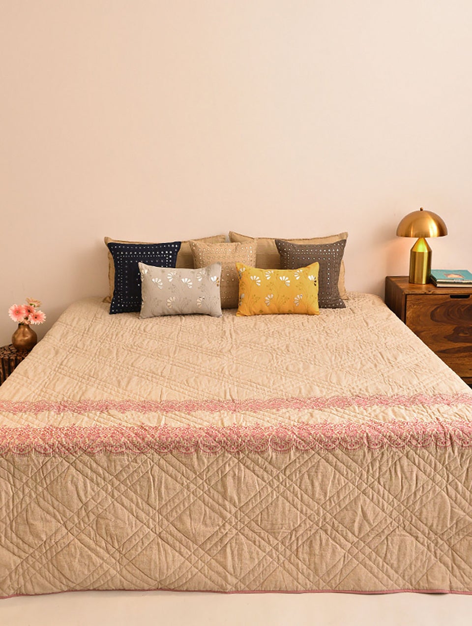 Pink Embroidered Cotton Quilted Bedcover