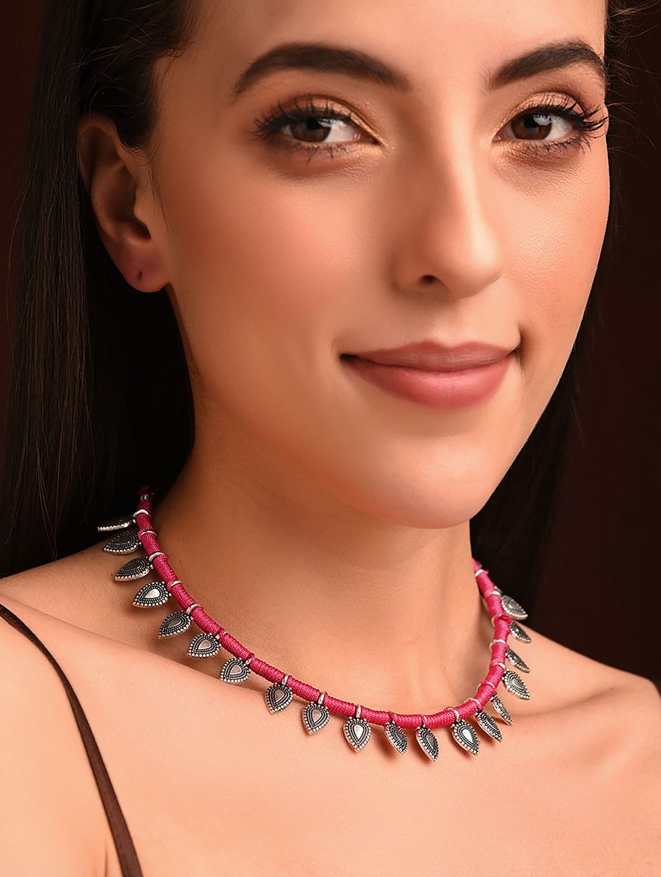 Red Silver Tone Tribal Necklace