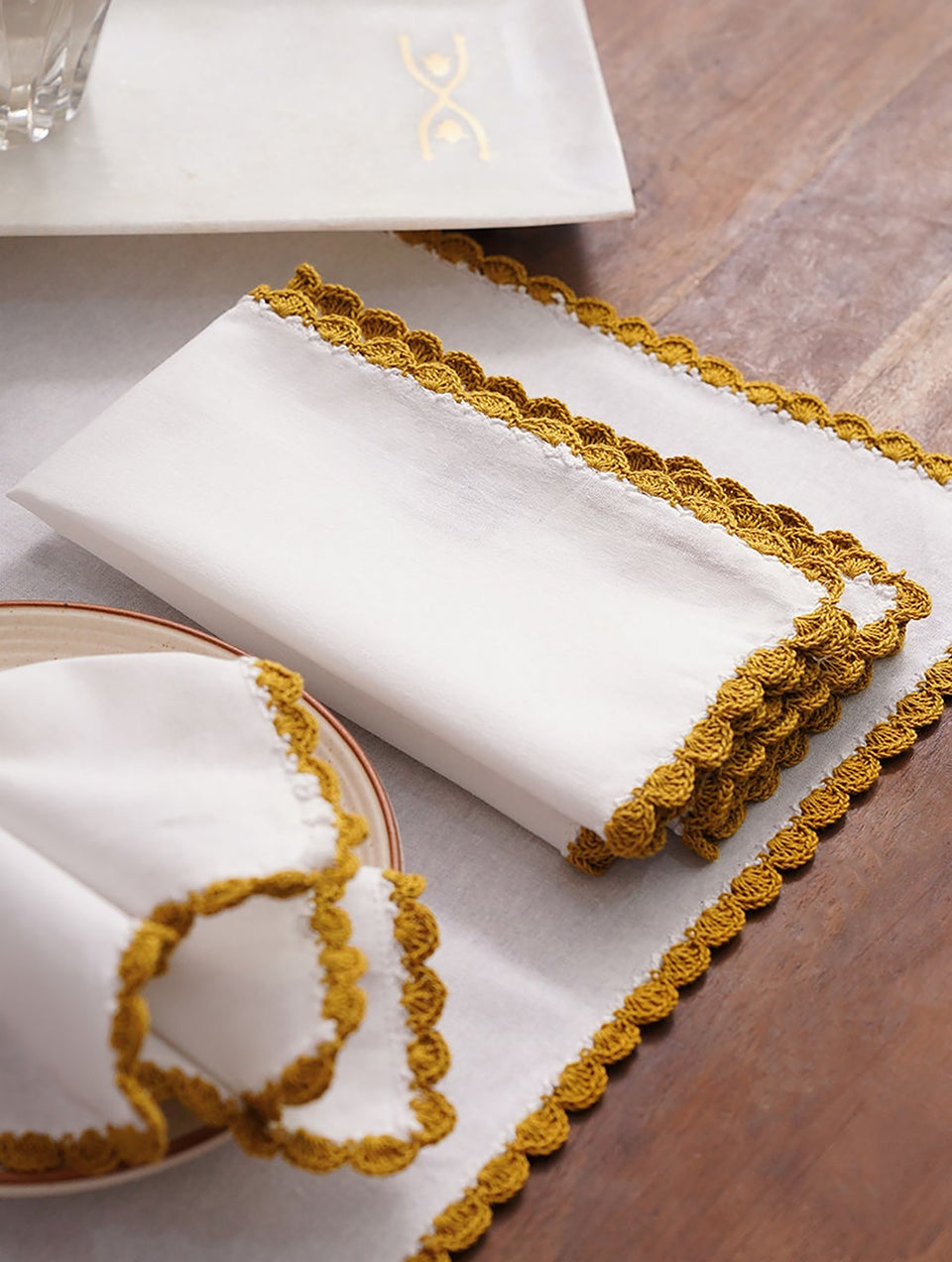 Ochre Cotton Table Napkin Set With Crochet Ends