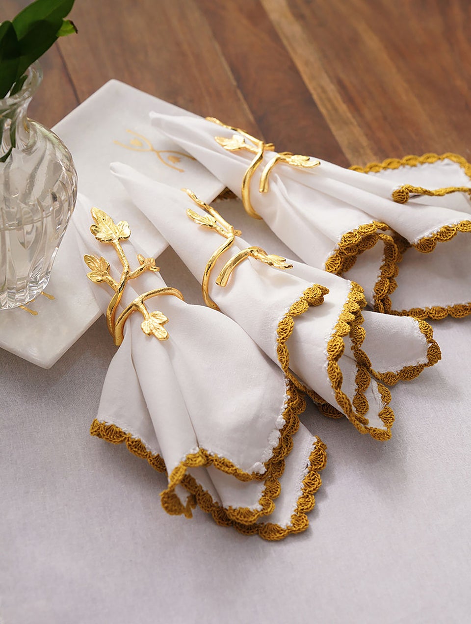 Ochre Cotton Table Napkin Set With Crochet Ends