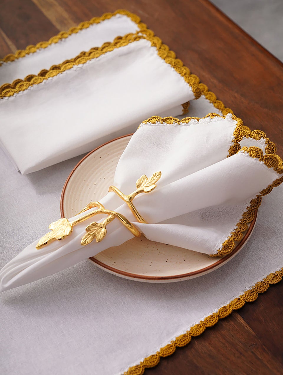 Ochre Cotton Table Napkin Set With Crochet Ends