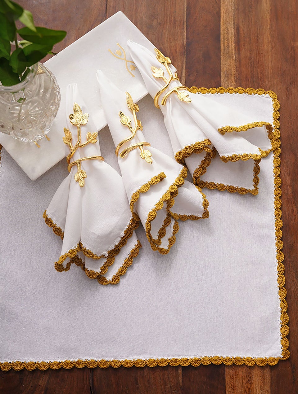 Ochre Cotton Table Napkin Set With Crochet Ends