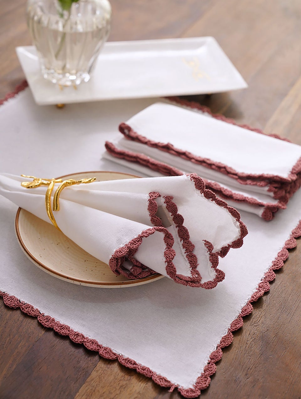 Onion Pink Cotton Table Napkin Set With Crochet Ends