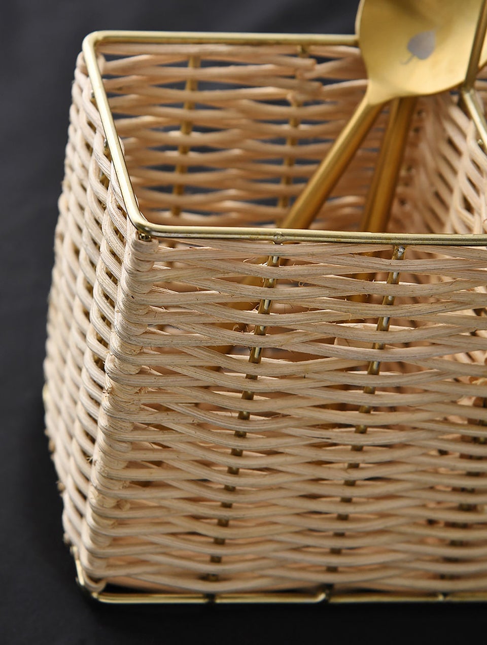 Gold Tone Double Sided Rattan Cutlery Holder