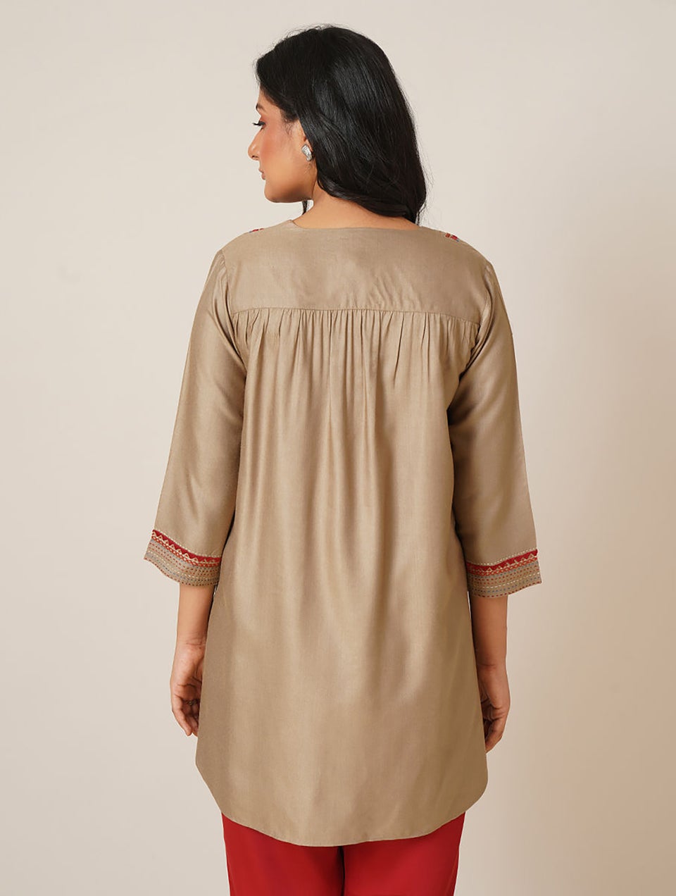 Women Beige Embroidered Silk Viscose Tunic - XS