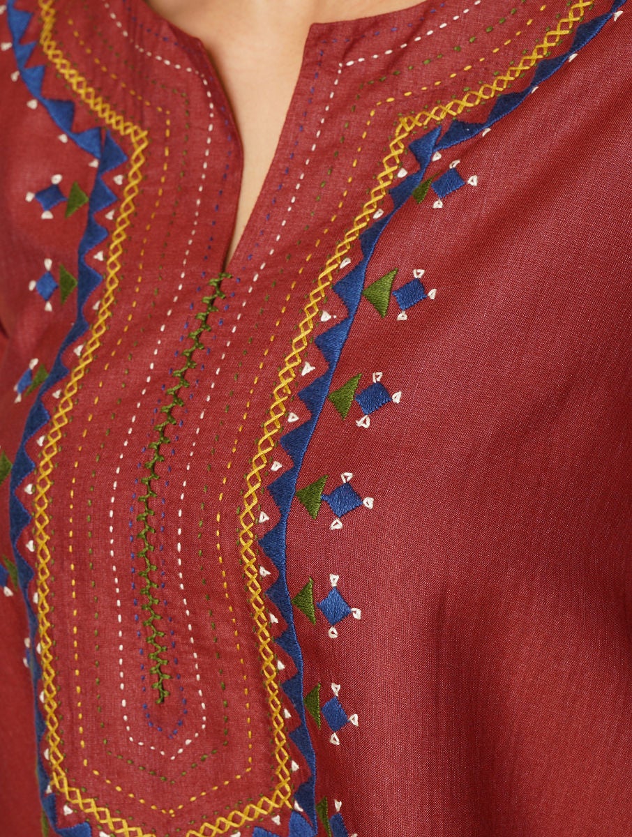 Women Red Embroidered Silk Viscose Tunic