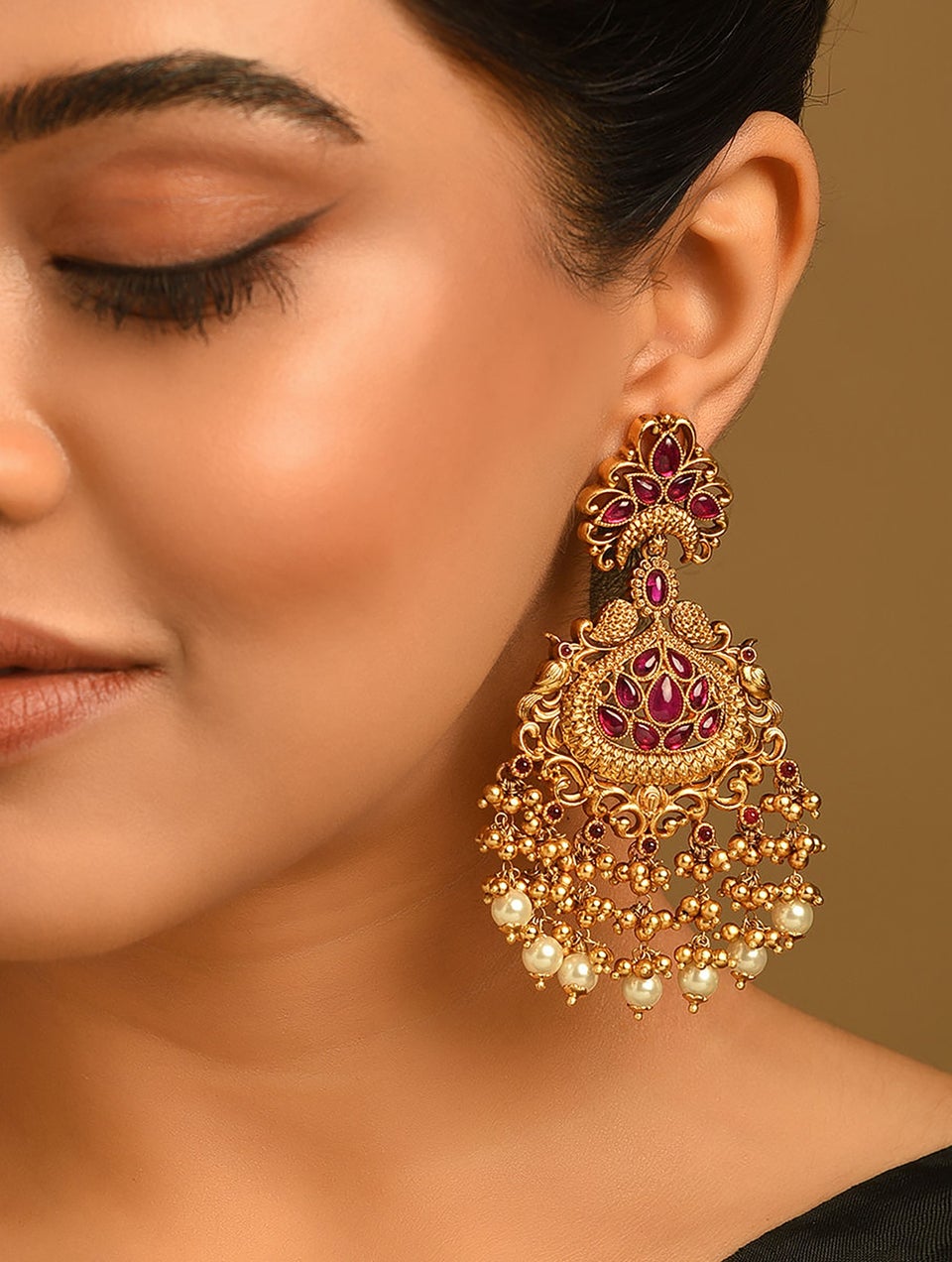 Women Gold Push Back Brass Danglers