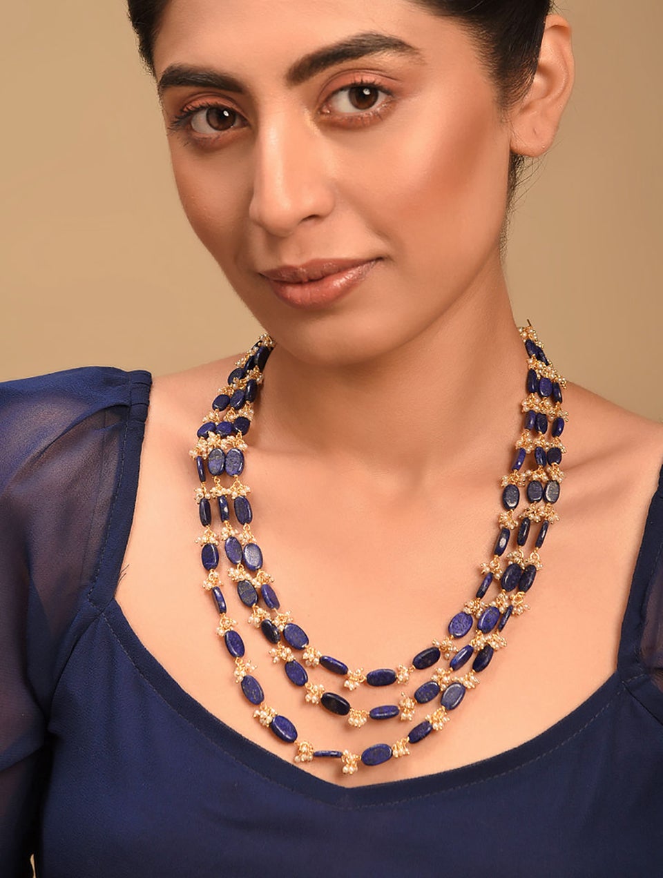 Women Blue Gold Tone Necklace With Lapis