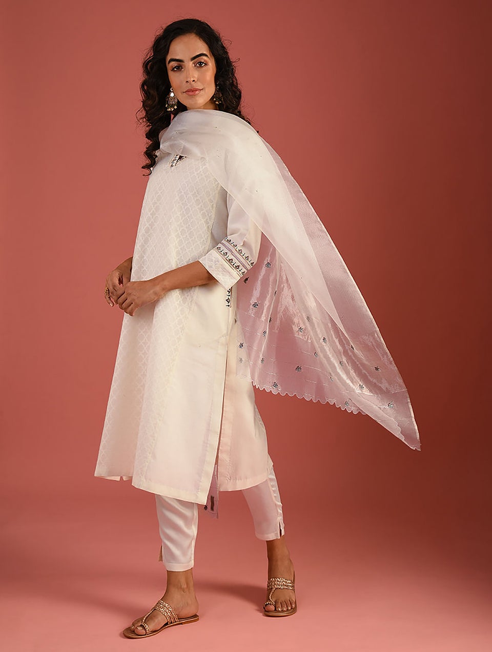 Women Ivory Embroidered Organza Dupatta With Scalloping