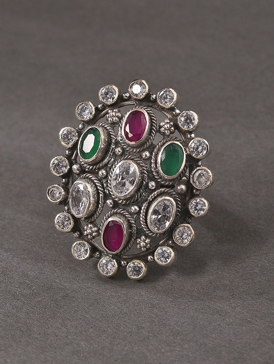 Women Maroon Green Tribal Silver Ring