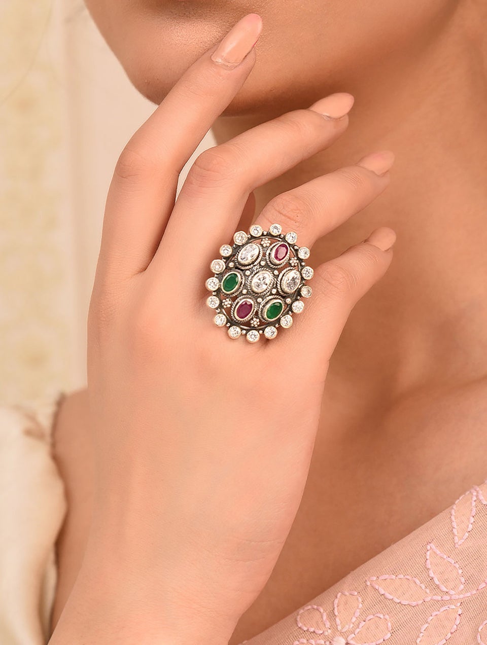 Women Maroon Green Tribal Silver Ring