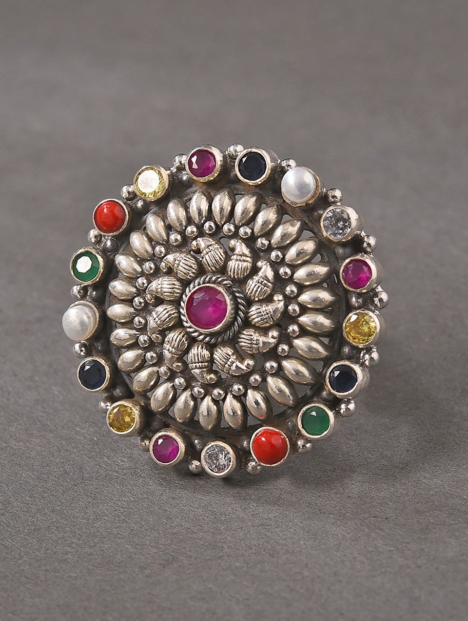 Women Multicolour Tribal Silver Ring