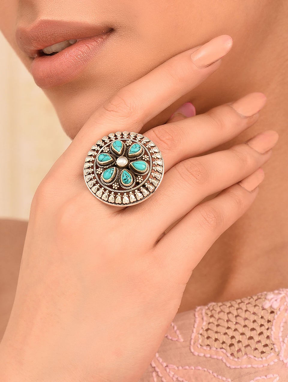 Women Turquoise Tribal Silver Ring