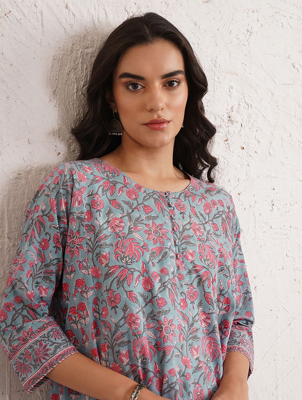 Women Blue Block Printed Cotton Kurta - XS