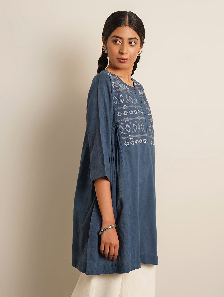 Women Blue Button Down Embriodered Cotton Tunic