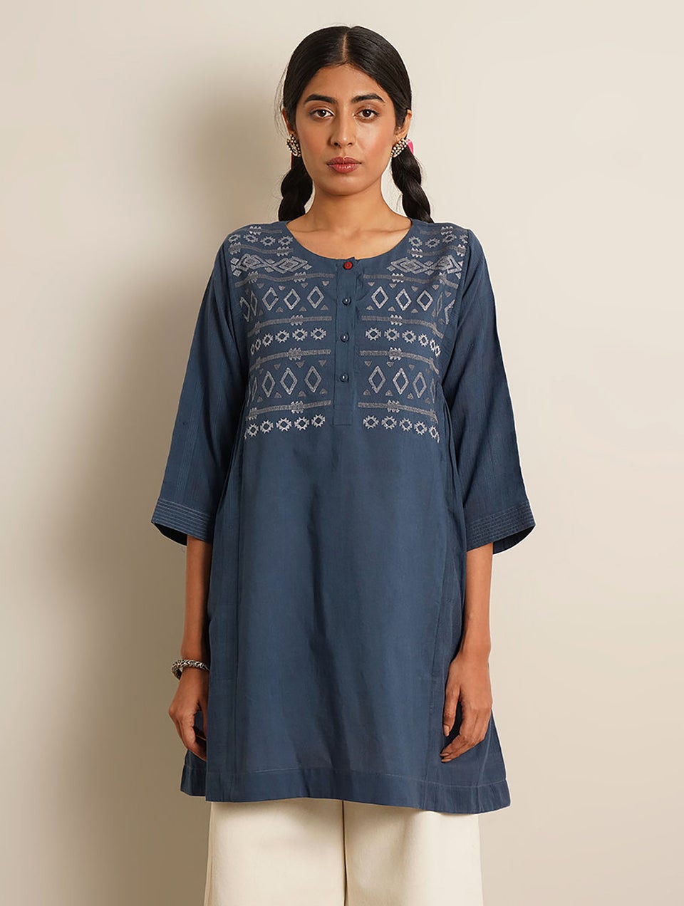 Women Blue Button Down Embriodered Cotton Tunic - XS