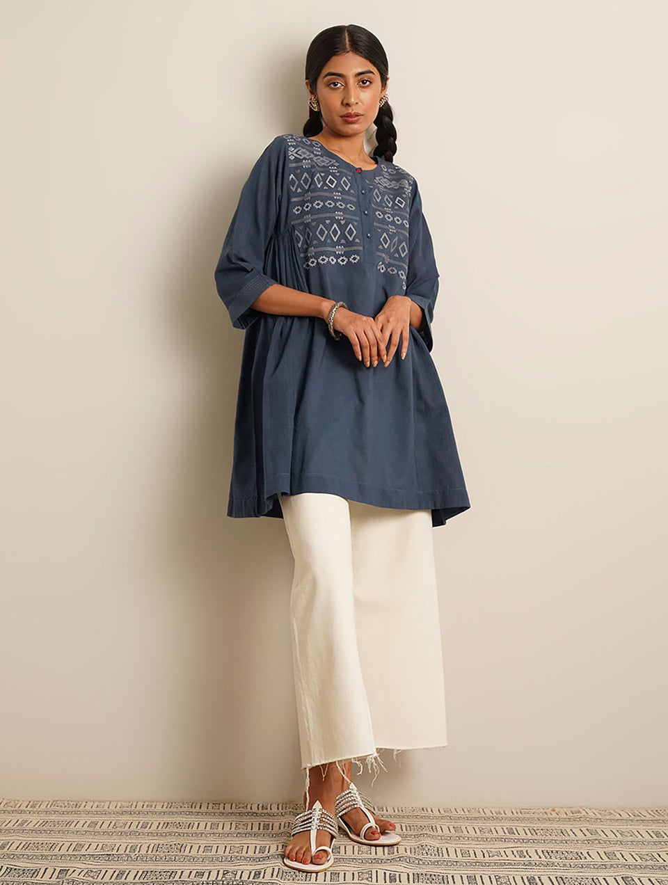 Women Blue Button Down Embriodered Cotton Tunic - XS