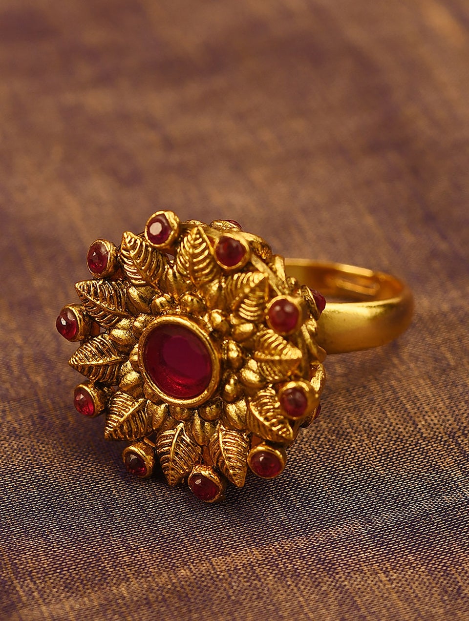 Red Gold Tone Temple Ring