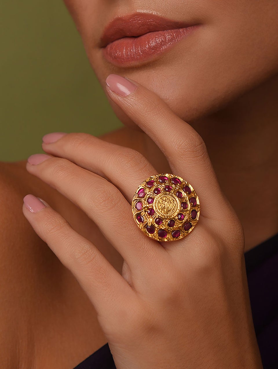 Red Gold Tone Temple Ring