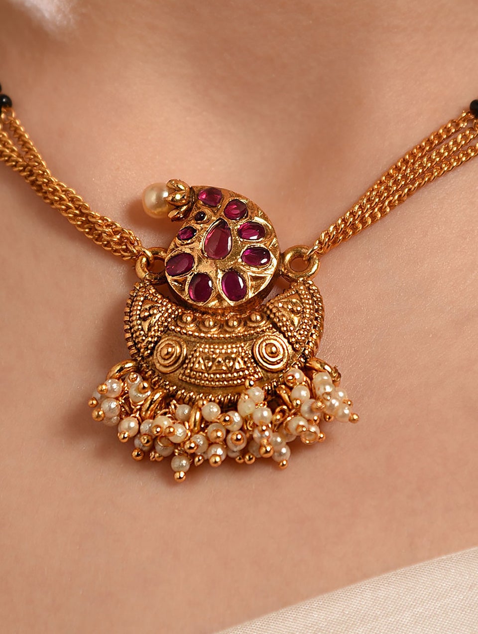 Women Pink Gold Tone Mangalsutra Temple Necklace