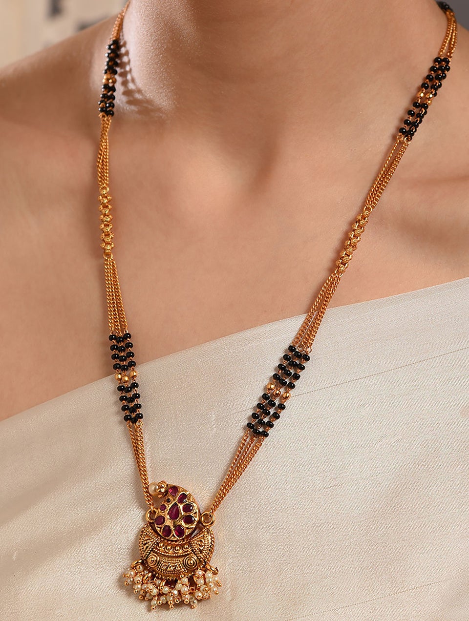 Women Pink Gold Tone Mangalsutra Temple Necklace