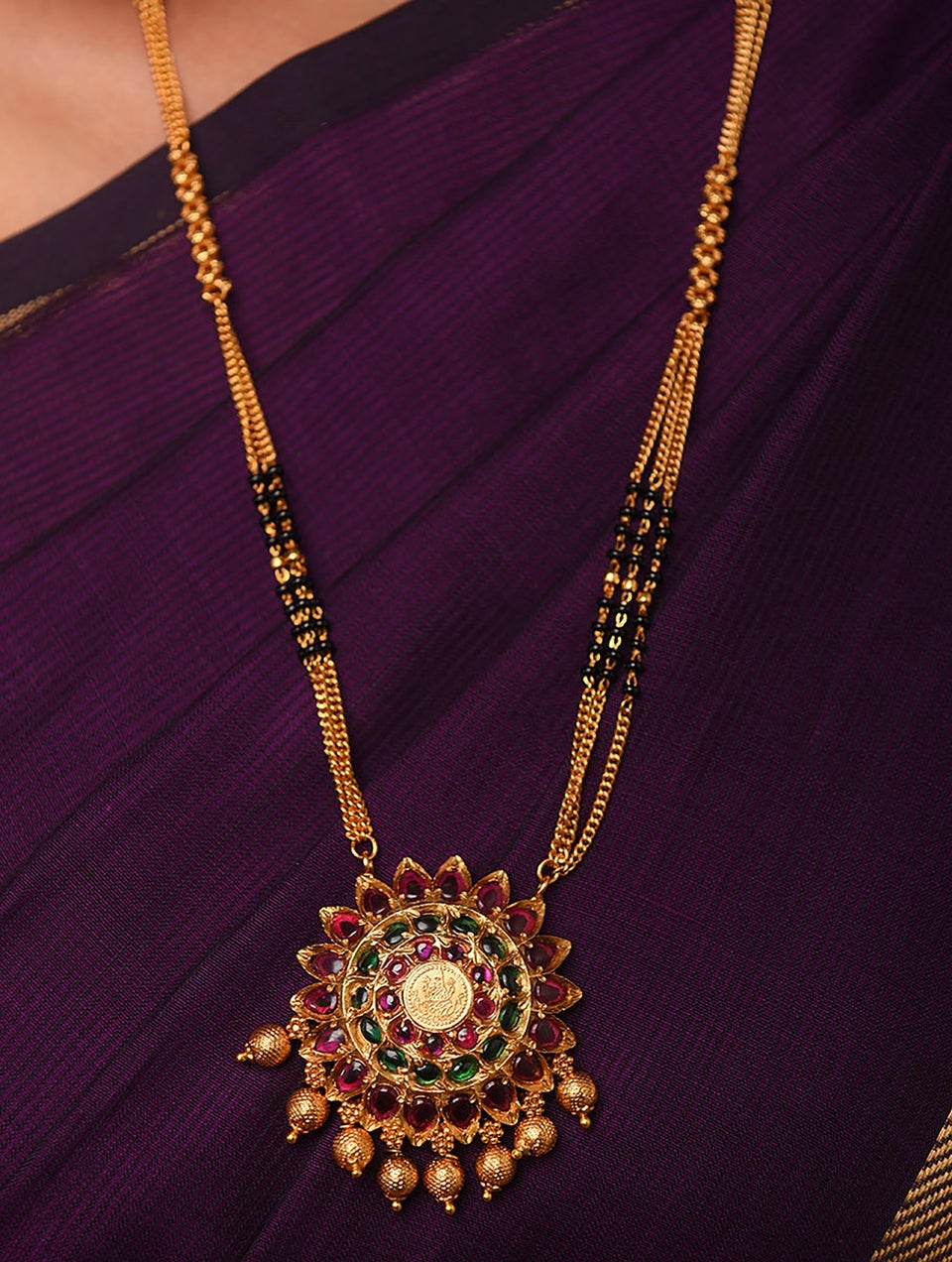 Women Red Green Gold Tone Temple Mangalsutra