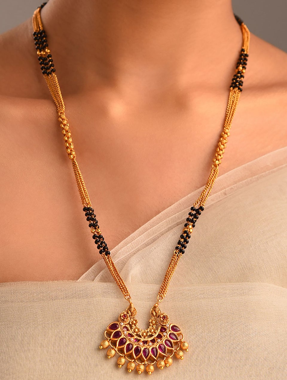 Women Maroon Gold Tone Temple Mangalsutra