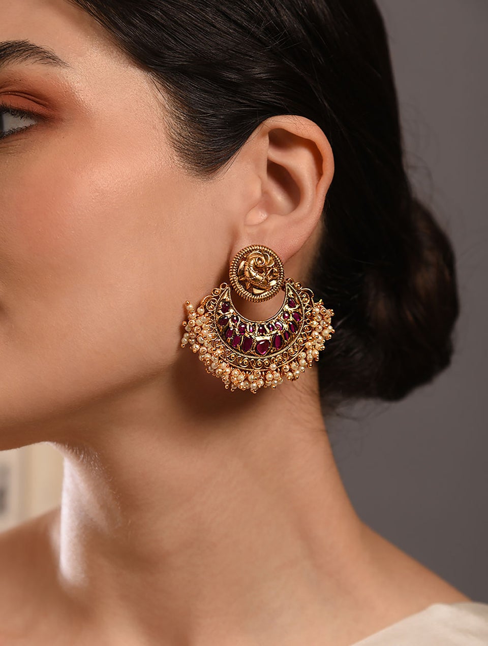 Women Gold Push Back Brass Chand Bali