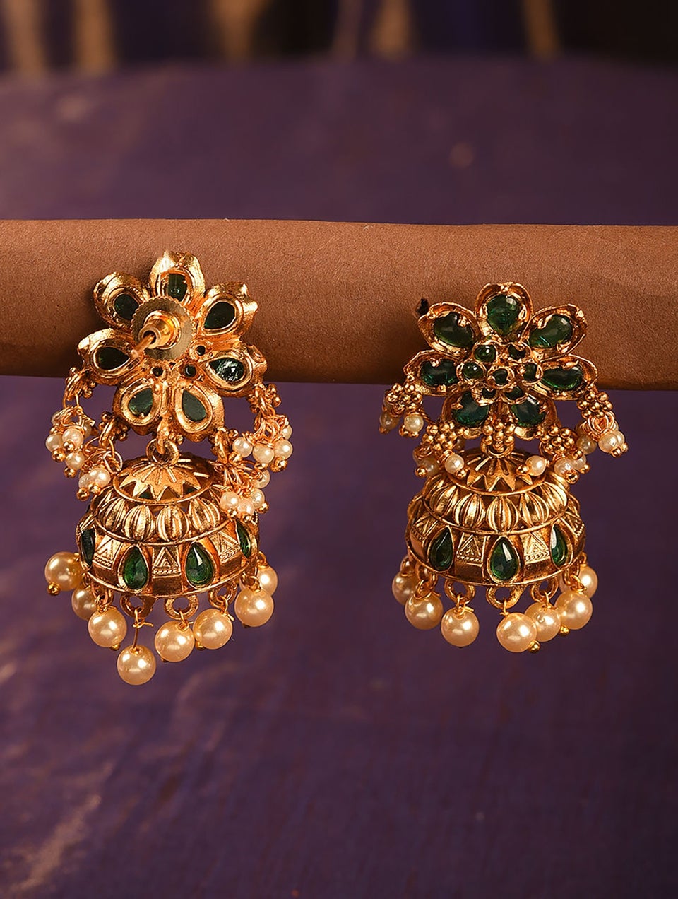 Women Green Gold Tone Temple Jhumki Earrings