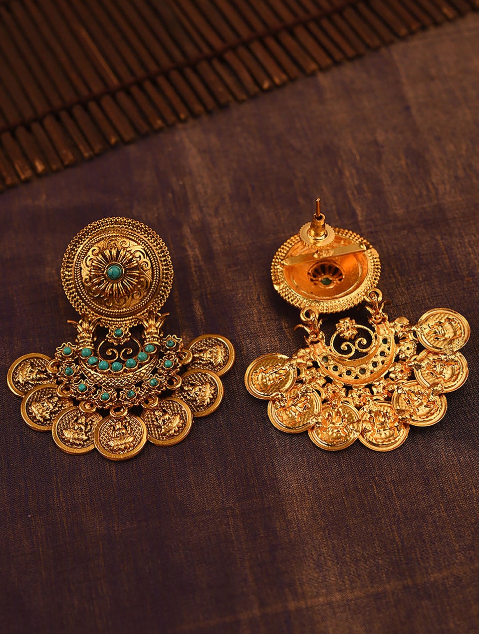 Women Turquoise Gold Tone Temple Earrings
