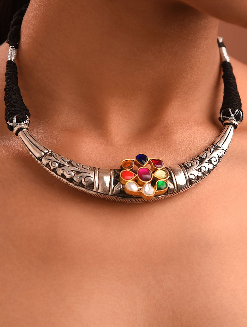 Women Navratna Dual Tone Tribal Silver Hasli Necklace