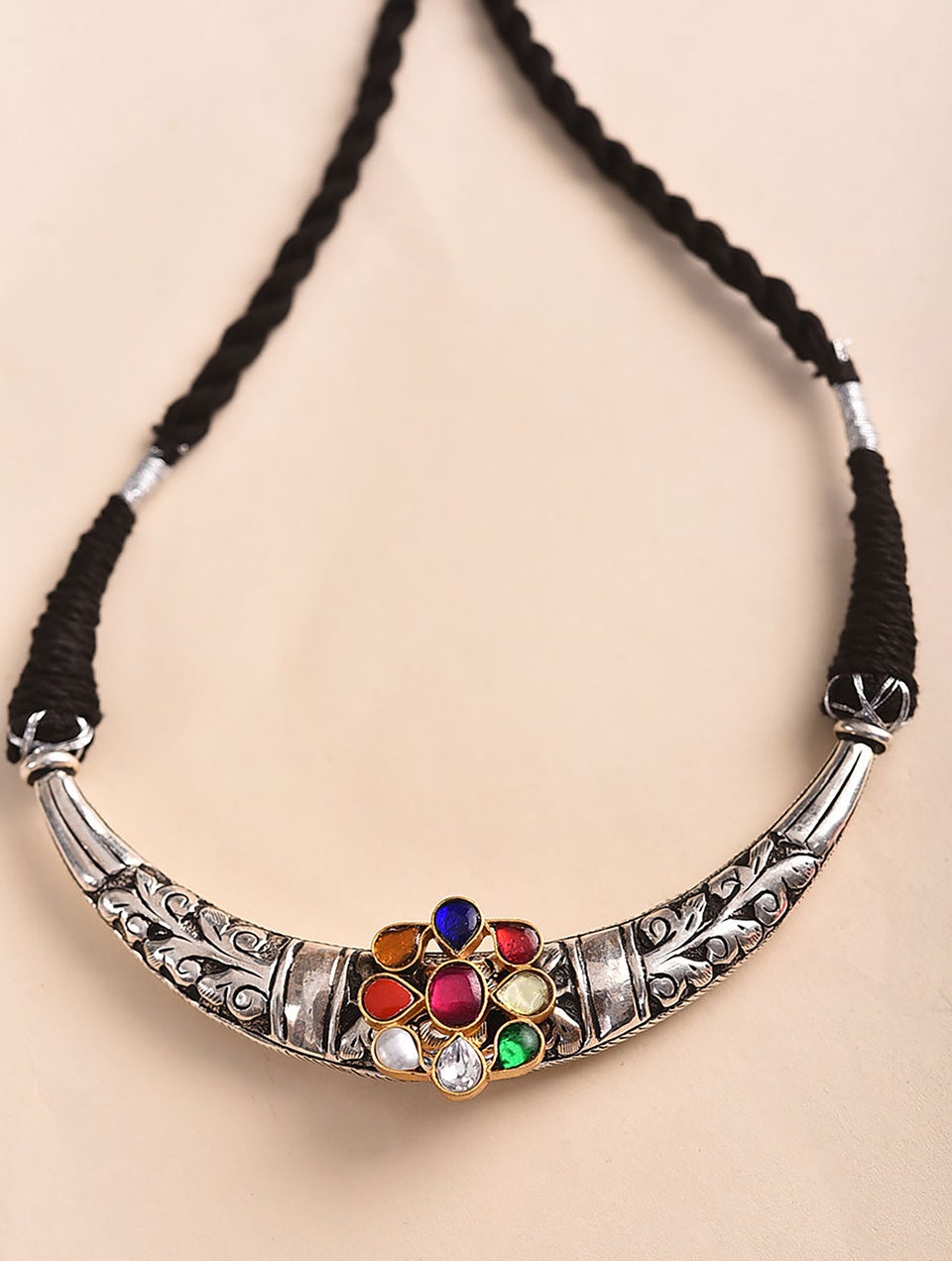 Women Navratna Dual Tone Tribal Silver Hasli Necklace