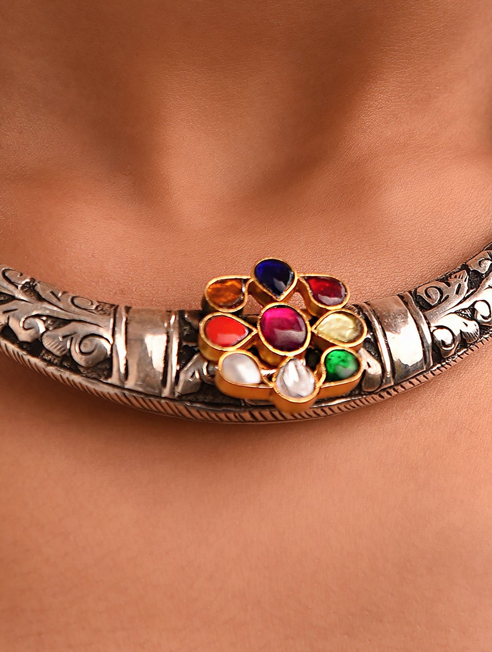 Women Navratna Dual Tone Tribal Silver Hasli Necklace