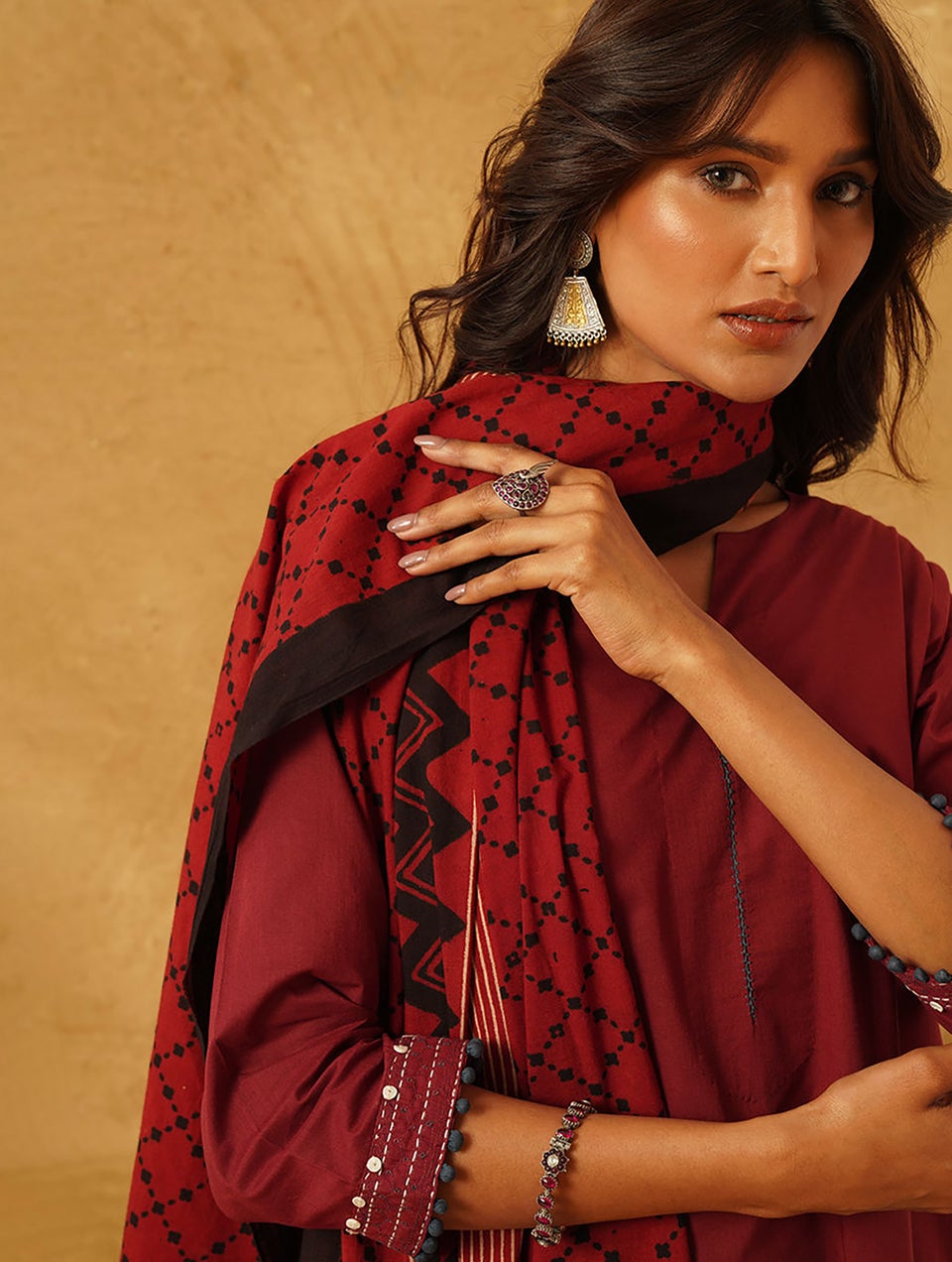 Women Red Cotton Ajrakh Collection Dupatta