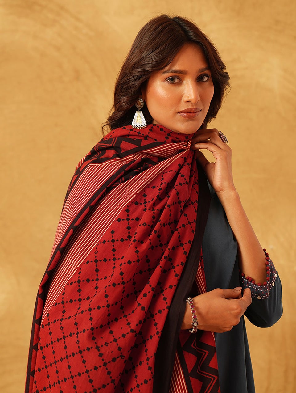 Women Red Natural Dyed Ajarkh Cotton Dupatta