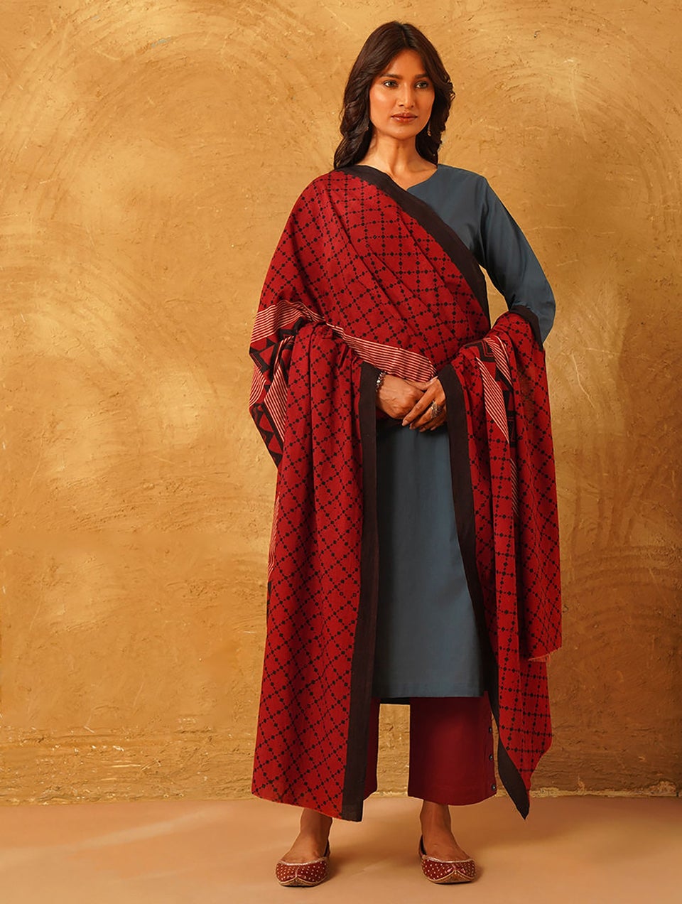 Women Red Natural Dyed Ajarkh Cotton Dupatta