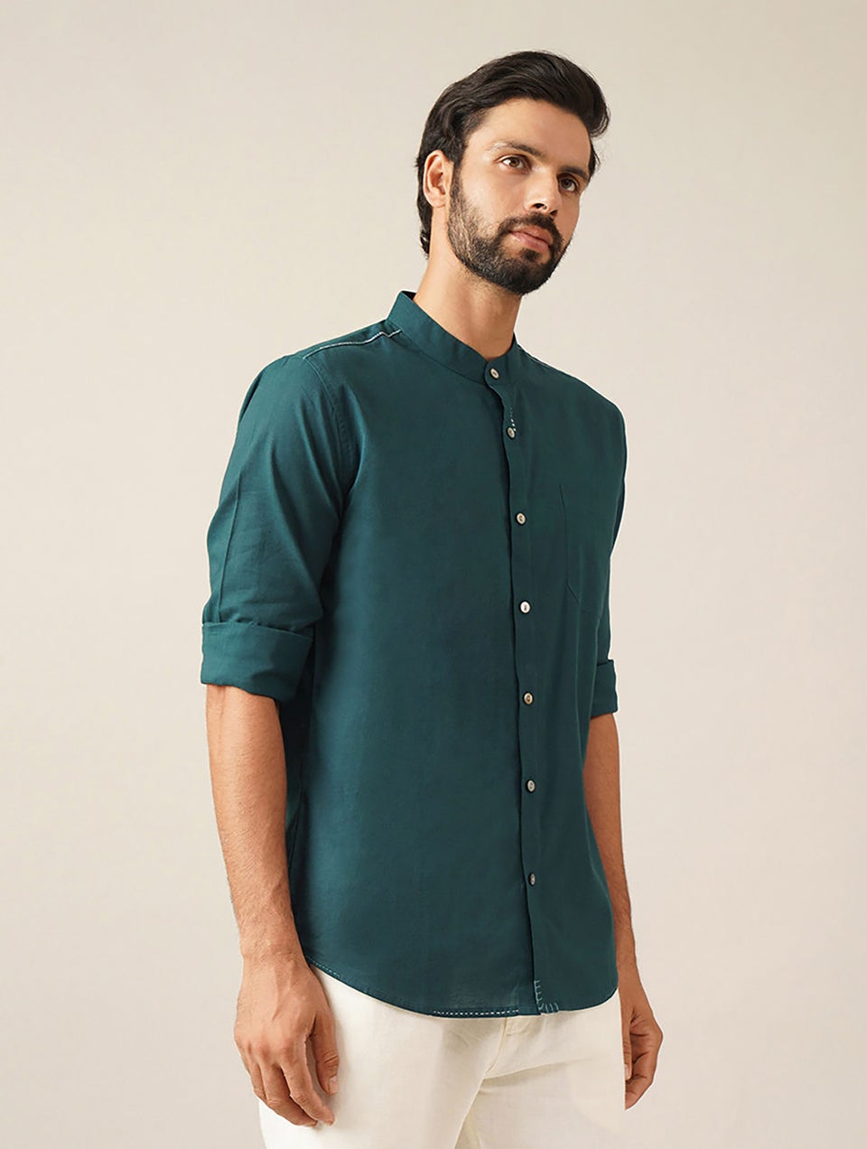 Men Teal Blue Cotton Solid Mandarin Collar Regular Fit Shirt - 38