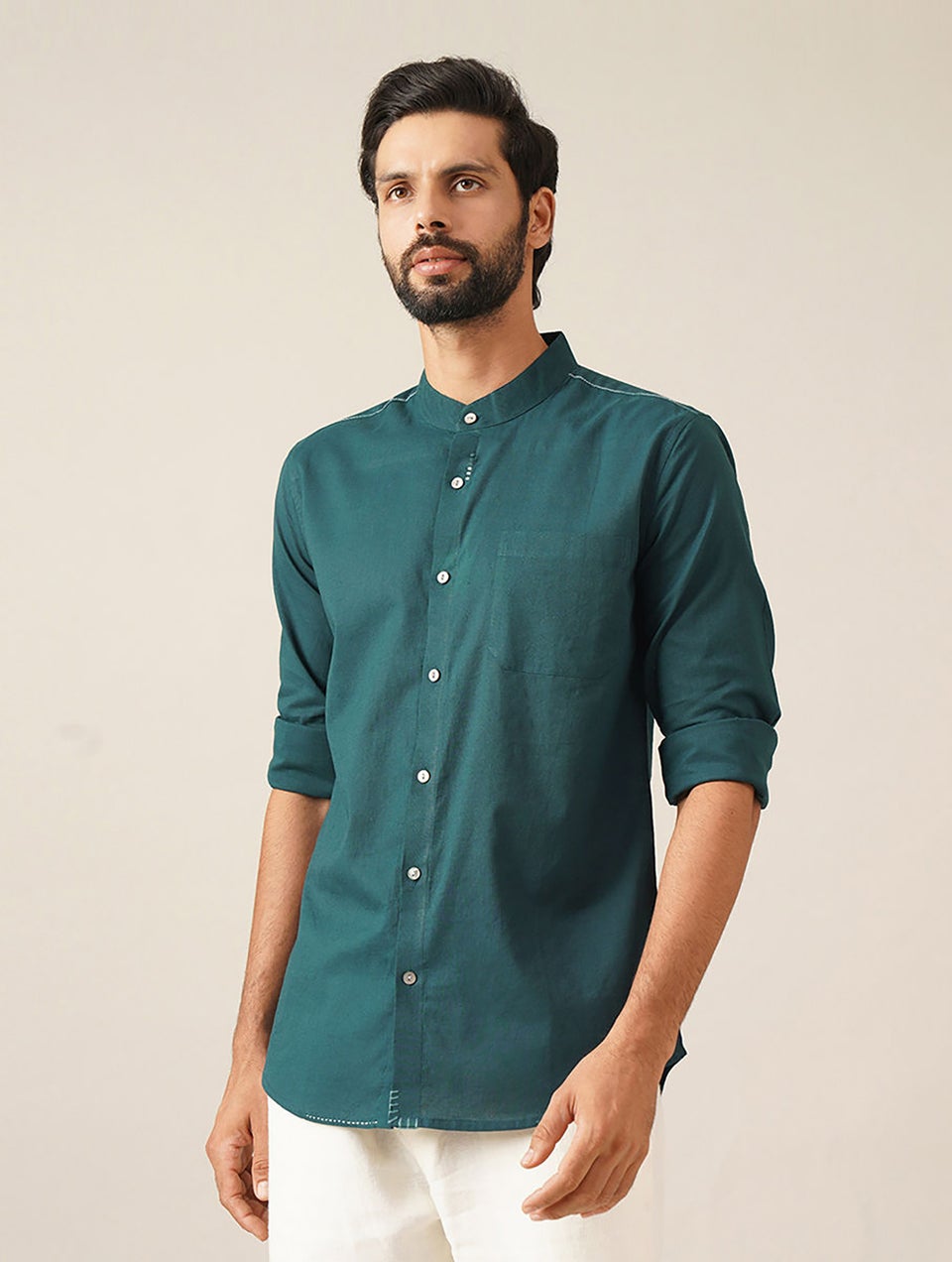 Men Teal Blue Cotton Solid Mandarin Collar Regular Fit Shirt - 38