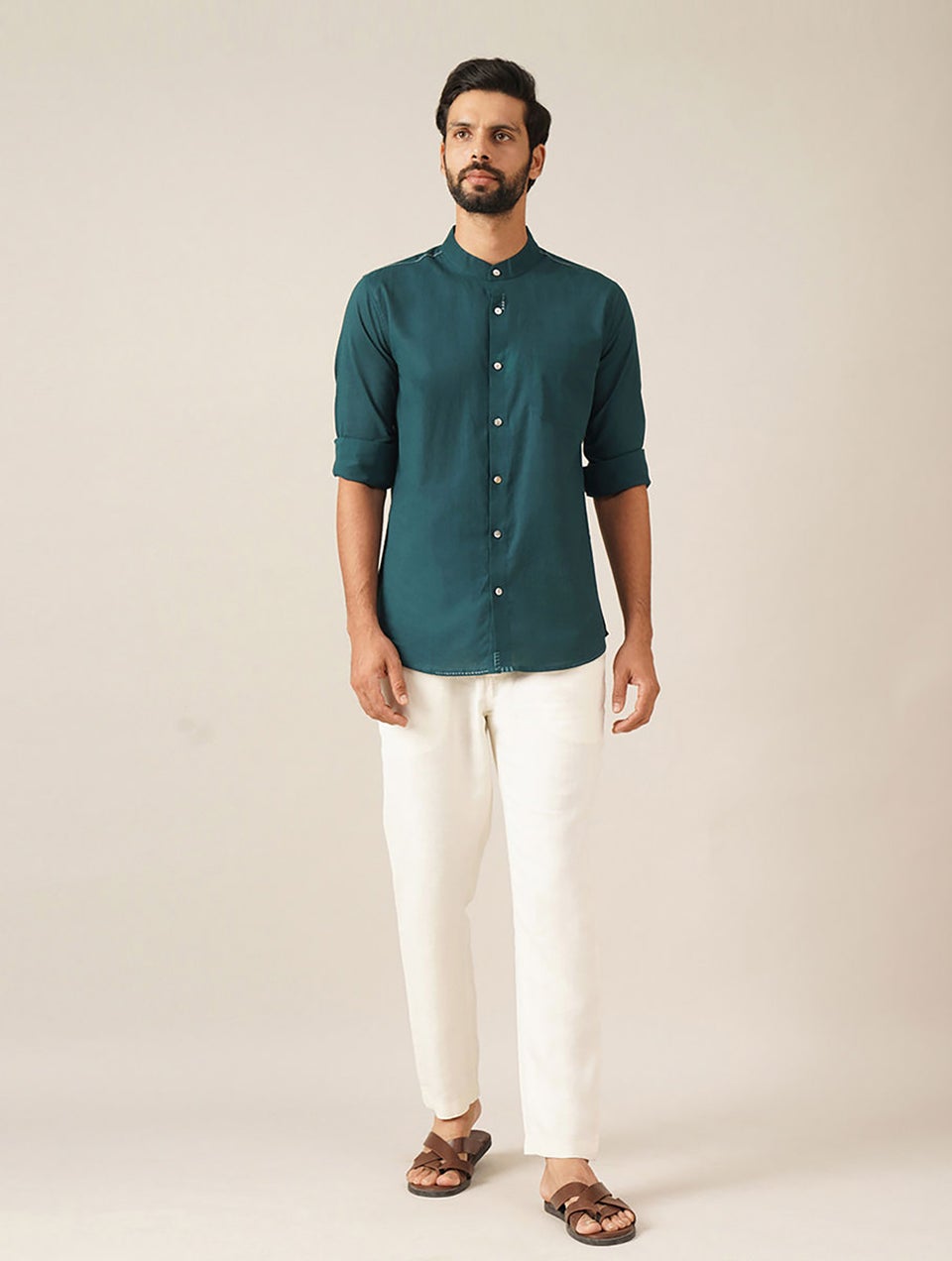 Men Teal Blue Cotton Solid Mandarin Collar Regular Fit Shirt - 38