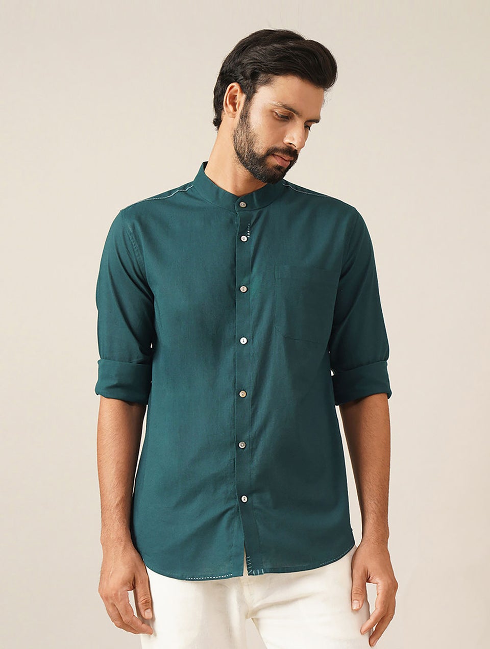 Men Teal Blue Cotton Solid Mandarin Collar Regular Fit Shirt - 38