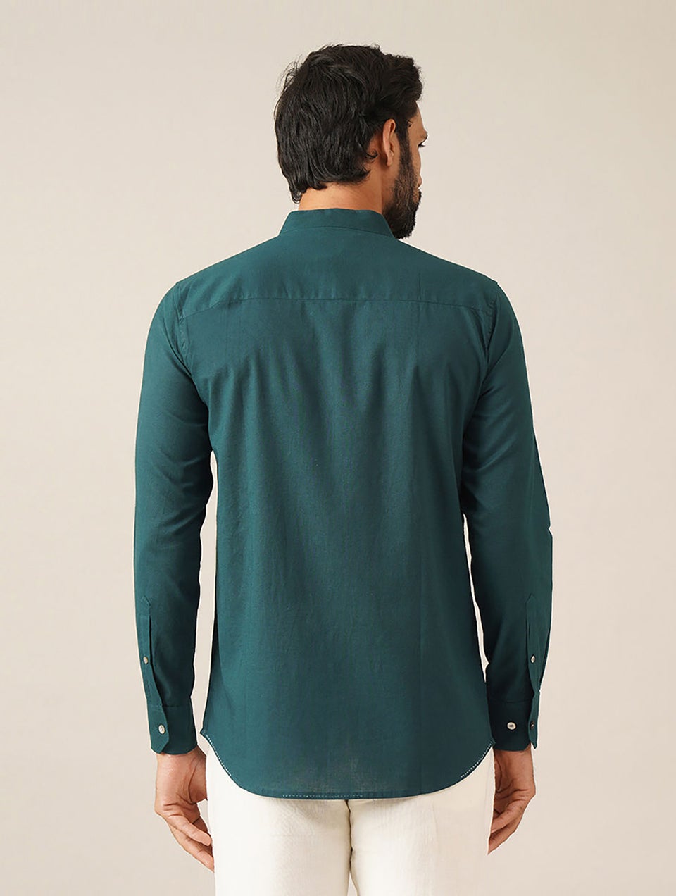 Men Teal Blue Cotton Solid Mandarin Collar Regular Fit Shirt - 38