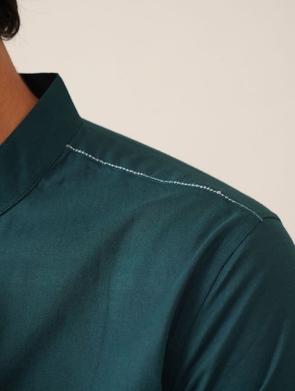 Men Teal Blue Cotton Solid Mandarin Collar Regular Fit Shirt - 38