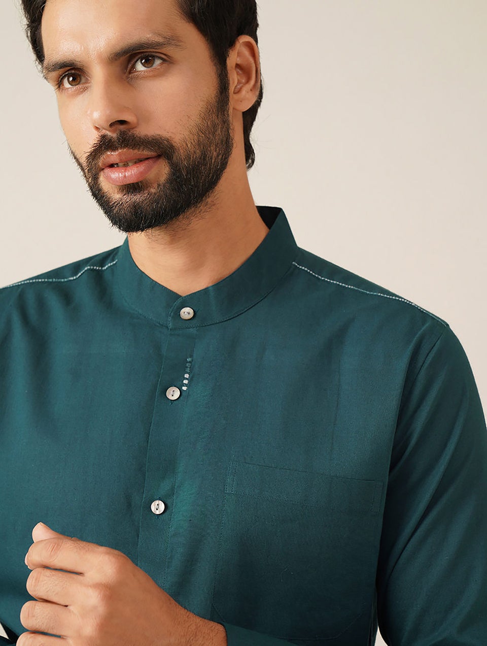 Men Teal Blue Cotton Solid Mandarin Collar Regular Fit Shirt - 38