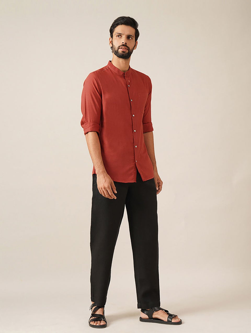 Men Maroon Red Cotton Solid Mandarin Collar Regular Fit Shirt - 38