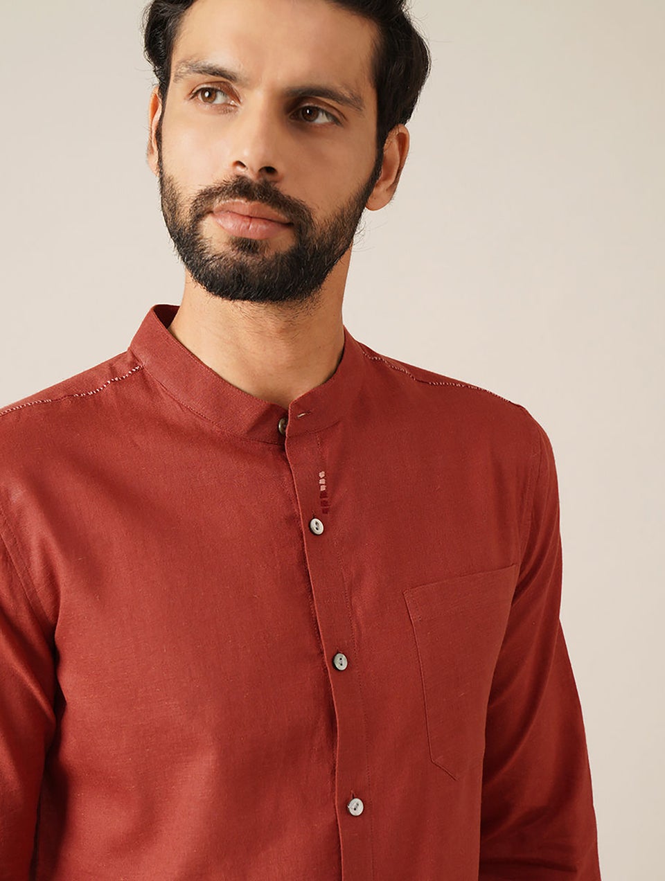 Men Maroon Red Cotton Solid Mandarin Collar Regular Fit Shirt - 38