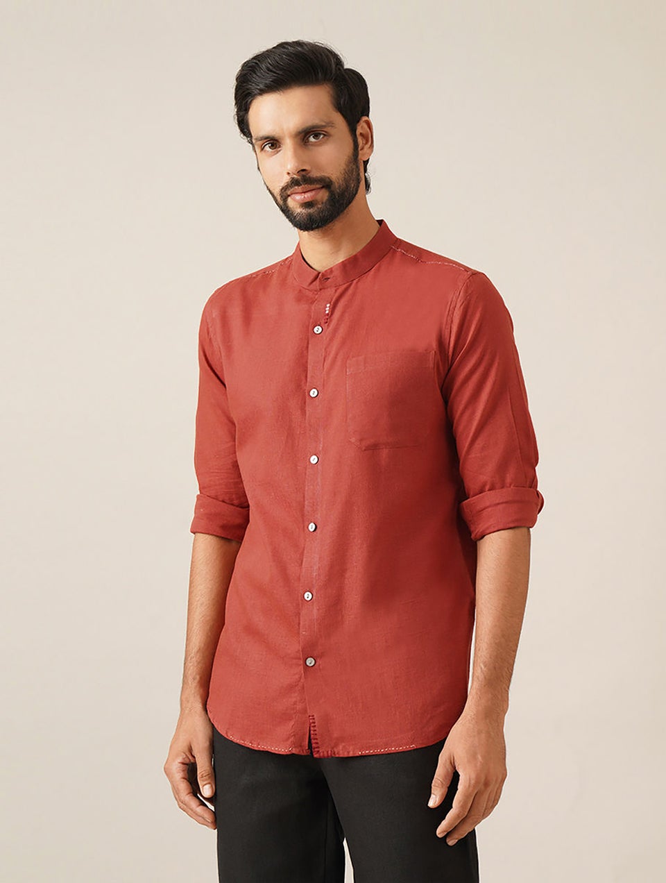 Men Maroon Red Cotton Solid Mandarin Collar Regular Fit Shirt - 38
